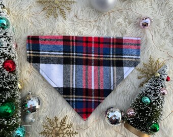 Blue White Red Plaid Dog Bandana, Over the Collar Holiday Dog Bandanas, Holiday Dog Bandanas, Christmas Bandanas,  Brynnbands, Dog Bandannas