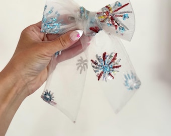 White Fireworks Bows, Bow Hair Clip, Barrette Hair Clip, Soft Hair Clip, 4th of July Clip, Barrette, Brynnbands