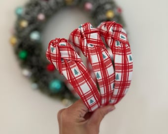 Red Checkered with Christmas Trees Top Knot Headband, holiday headband,  Hard Headband , Christmas  Headband, Bendable Headband, Brynnbands
