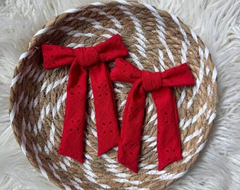 Red Eyelet Bows, Bow Hair Clip, Barrette Hair Clip, Soft Hair Clip, Patriotic Bow, 4th of July Bow, Brynnbands
