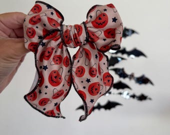Pumpkin Buckets Fable Bow, Halloween Bow,  Bow Hair Clip, Long Tail Hair Bow, Barrette Hair Clip,  Brynnbands,