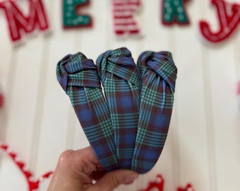 Blue Green Plaid Top Knot Headband, holiday headband,  Hard Headband , Christmas  Headband, Bendable Headband, Brynnbands