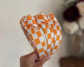 Orange Checkered Knotted Headband: Women's Padded Hair Accessory