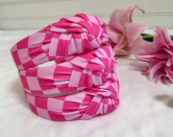 Hot Pink Checkered Top Knot, Valentine Headband, Pink Headband, Brynnbands, Hard Headband, Knotted Headband, Valentine's Day