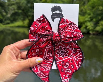 Red Bandana fable Bows, Bow Hair Clip, Barrette Hair Clip, Soft Hair Clip, 4th of July Clip, 4th of July,  Barrette, Brynnbands