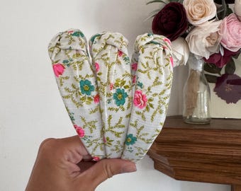 Vintage Pink Blue Green Floral, Hard Headband. Top Knot, Vintage Fabric, Recycled Fabric, Top Knot Headband, Brynnbands, Knotted Headband