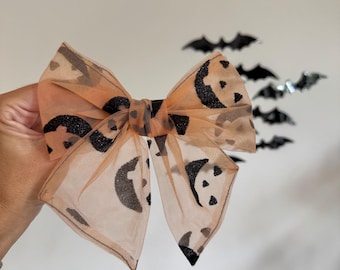 Pumpkins MESH Bow, Floppy Bow Hair Clip, Barrette Hair Clip, Soft Hair Clip, Barrette Bow , Brynnbands