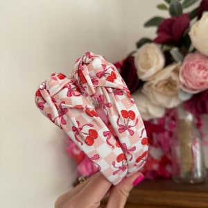 Cherries & Coquette Bows Top Knot, Bow Headband, Pink Headband, Brynnbands, Hard Headband, Knotted Headband, Valentine&#39;s Day