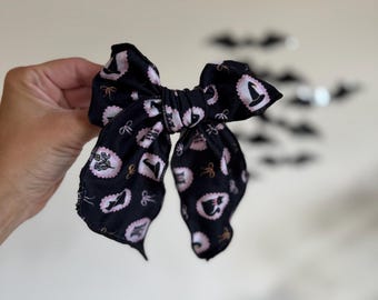 Kitty Frames Fable Bow, Halloween Bow,  Bow Hair Clip, Long Tail Hair Bow, Barrette Hair Clip,  Brynnbands,