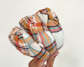 Orange Cream Plaid Top Knot, Plaid Headband, Brynnbands, Hard Headband, Knotted Headband, Fall Hair
