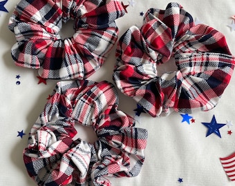 Red White Blue Plaid  Scrunchie, Brynnbands, Blue Scrunchie, Hair Scrunchie, Hair Tie, Patriotic Scrunchie, 4th of July Scrunchie