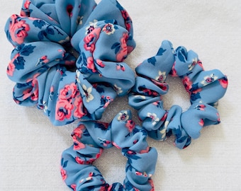 Blue Floral Chiffon Scrunchie, Lightweight Handmade Hair Accessory