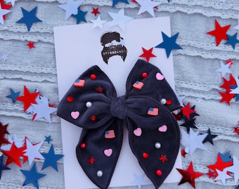 Navy Blue Bow, 4th of July Beaded Bow, Brynnbands