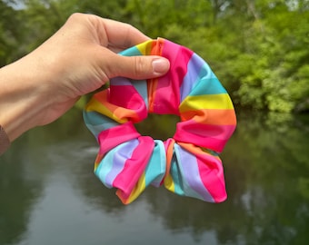 Rainbow Stripes SWIM Scrunchie, Pool Scrunchie, Swimsuit Scrunchie, Water Absorbent Scrunchie, Thick Elastic Hair Tie, Fast Drying Time