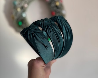 Green Satin Top Knot Headband, holiday, headband, Hard Headband, Christmas  Headband, Bendable Headband, Brynnbands