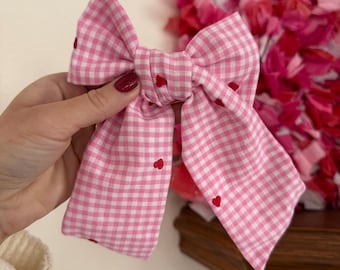 Pink Gingham Hearts Bow, Bow Hair Clip, Barrette Hair Clip, Soft Hair Clip, Cotton Barrette, Brynnbands