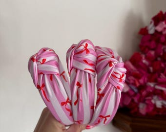 Stripes & Bows Headband, Top Knot, Valentine Headband, Pink Headband, Brynnbands, Hard Headband, Knotted Headband, Valentine's Day