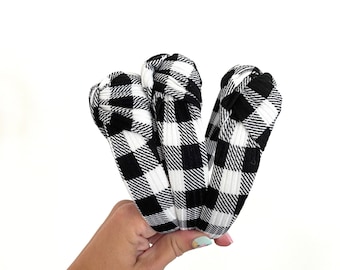 Black White Plaid Top Knot,  Rib Knit Headband,Fall Headband, Brynnbands, Hard Headband, Knotted Headband, Fall Hair
