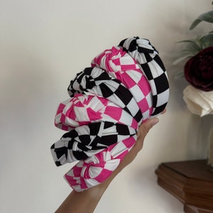 Checkered Top Knot, Checkered Headband, racing checks, Top Knot Headband, Pink Headband, Brynnbands, Hard Headband, Knotted Headband,