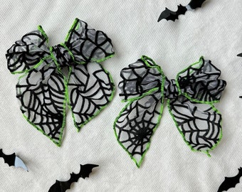 Halloween Bow, Black with Green Spider Web Bow, Mesh Bow, Bow Hair Clip, Long Tail Hair Bow, Barrette Hair Clip, Brynnbands, Fable Bow
