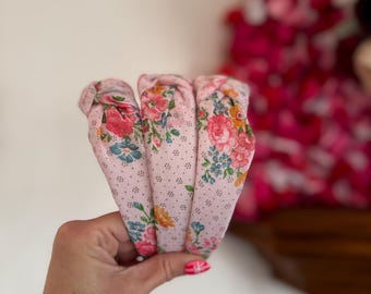 Vintage Pink Floral, Hard Headband. Top Knot, Vintage Fabric, Recycled Fabric, Top Knot Headband, Brynnbands, Knotted Headband
