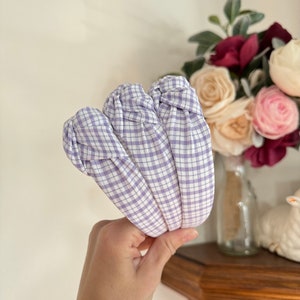 Lilac Gingham Headband, Top Knot Headband, Hard Headband, Easter Headband, Lilac Headband, Brynnbands