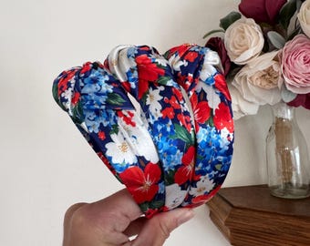 Red White Blue Floral satin Headband, 4th of July Hedband, Brynnbands