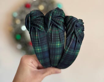 Green Plaid Top Knot Headband, holiday headband,  Hard Headband , Christmas  Headband, Bendable Headband, Brynnbands