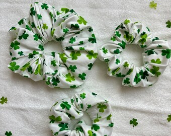 White Large Shamrocks Scrunchies, Bunny Ear Scrunchie, St Patrick's Day Scrunchie, Soft Scrunchie, Brynnbands, Fabric Hair Tie