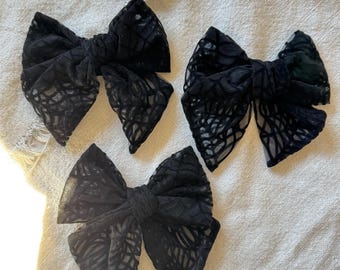 Floppy Black Spider Web Bow, Mesh Bow, Lace Bow, Bow Hair Clip, Long Tail Hair Bow, Barrette Hair Clip,  Brynnbands, Fable Bow