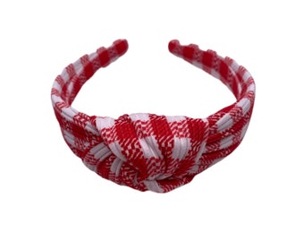 Red Gingham Top Knot Headband, Brynnbands, Hard Headband, Knotted Headband, Top Knot