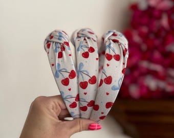 Cherries Headband, Top Knot, Valentine Headband, Pink Headband, Brynnbands, Hard Headband, Knotted Headband, Valentine's Day