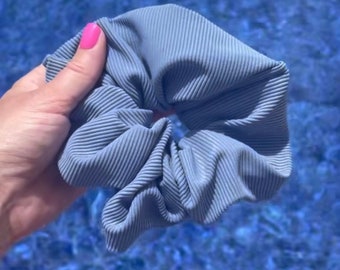 Blue Ribbed SWIM Scrunchie, Oversized Scrunchie, Jumbo Scrunchie, Brynnbands,, 90s Scrunchie, Pool Scrunchie