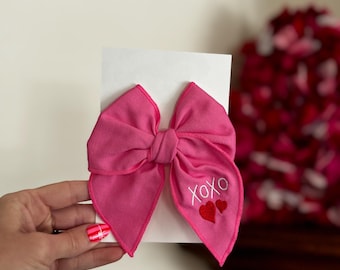 Pink embroidered XOXO  Fable Bow, Valentine's Bow