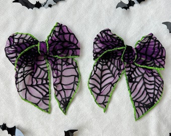 Halloween Bow, Purple Spider Web with Green Bow, Mesh Bow, Lace Bow, Bow Hair Clip, Long Tail Hair Bow, Barrette Hair Clip,  Brynnbands,