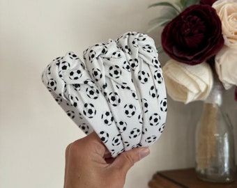 Soccer Balls Top Knot, school Headband, Brynnbands, Hard Headband, Knotted Headband, Sports Headband, Soccer Headband