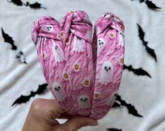 Pink Faux Embroidered Ghosts Headband, Halloween Headband, Brynnbands, Hard Headband, Fall Headband, Top Knot, Top Knot Headband,