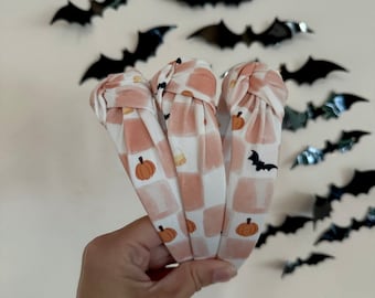 Halloween Checkered,  Halloween Top Knot Headband, Brynnbands, Hard Headband, Top Knot, Top Knot Headband, Spooky Headband