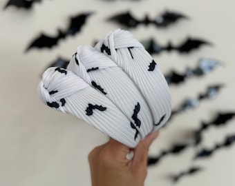 White Ribbed Bats Headband,  Halloween Top Knot Headband, Brynnbands, Hard Headband, Top Knot, Top Knot Headband, Spooky Headband