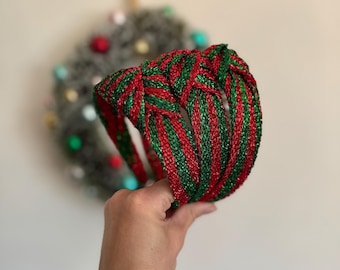 Red & Green Tinsel Headband, Top Knot Headband, holiday headband, Hard Headband Christmas  Headband, Bendable Headband, Brynnbands