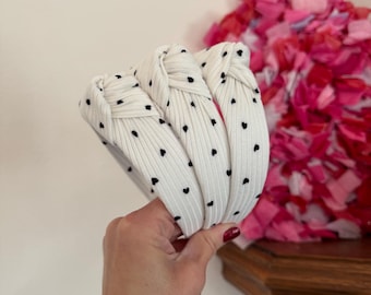 White Hearts  Rib Knit, Top Knot Headband, Brynnbands, Hard Headband, Knotted Headband, Top Knot