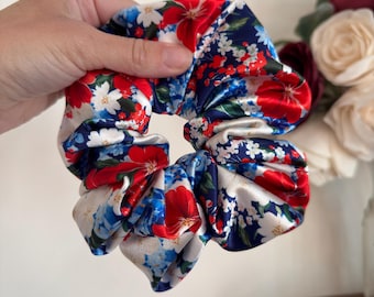 Floral Satin Scrunchie: Patriotic Hair Accessory