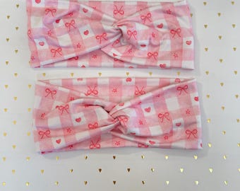 Pink Checkered Bows & Hearts Headband, Valentine's Day Headband, Brynnbands, Soft Headband, Turban Headband, Twisted Headband