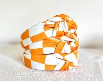Orange & White Checkered Headbands, Women’s Knotted Headbands,  Hard Headband, Classic Headband,  Headband, Brynnbands