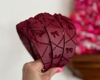 Dark Red Bows MESH Top Knot, Valentine Headband, Pink Headband, Brynnbands, Hard Headband, Knotted Headband, Valentine's Day
