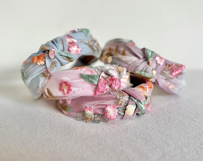 Featured listing image: Floral Embroidery, Top Knot Headband, Hard Headband, Lace Headband, Enchanted Garden Floral Brynnbands, Headband, Knotted Headband, Top Knot
