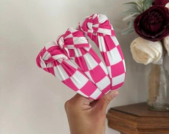 Hot Pink Checkered Top Knot, Top Knot Headband, Pink Headband, Brynnbands, Hard Headband, Knotted Headband,