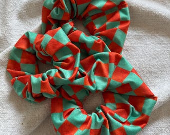 Orange Teal Checkered Scrunchies,  Brynnbands, Fall Scrunchies, Fall headbands , Brynnbands,  Fall Scrunchies, Fall Hair