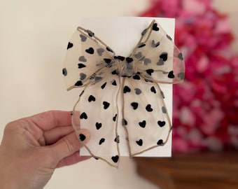 Black Hearts on Cream Mesh Bow, Bow Hair Clip, Barrette Hair Clip, Soft Hair Clip, Tulle Barrette, Brynnbands