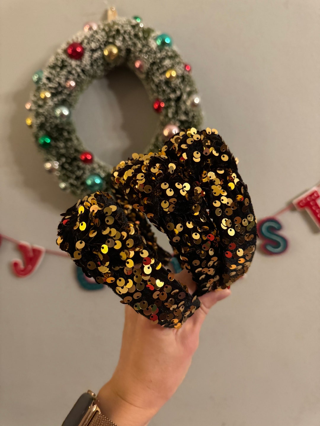 Black & Gold Sequin Hard Headband Velvet Sequin Christmas Etsy